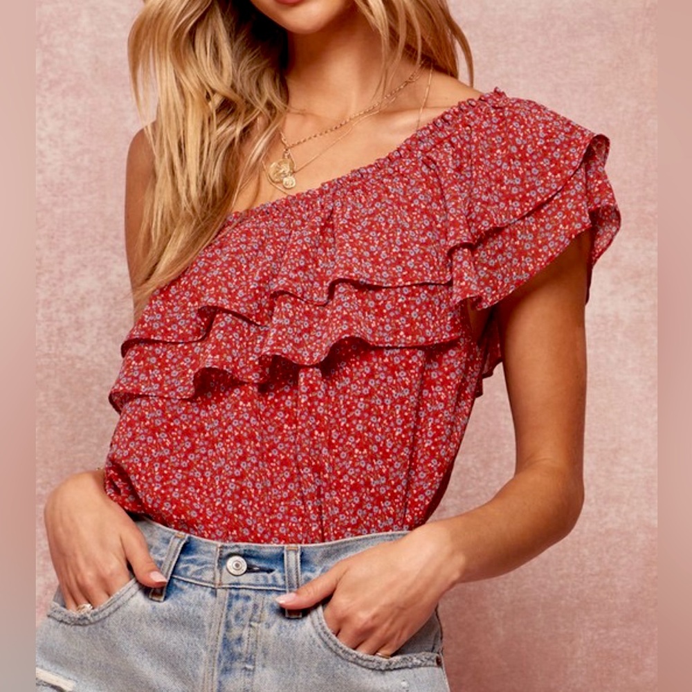 New! Floral Print One Shoulder Ruffle Bodysuit